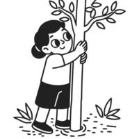 Child embracing tree in nature black and white illustration of environmental care and connection vector