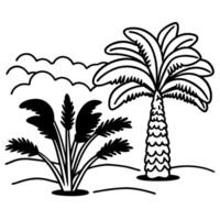 Tropical palm tree and bush line art on cloudy sky vector
