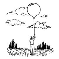 person with balloon in nature, simplicity and solitude under cloudy sky, line art illustration vector