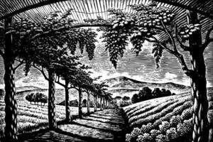 Black and White Vineyard Pathway with Grape Vines and Mountain View vector