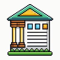 Pixel Art Bank Building Icon with Classic Columns and Green Roof vector