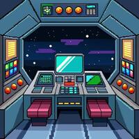 Futuristic Pixel Art Spaceship Cockpit with Starry Space View vector