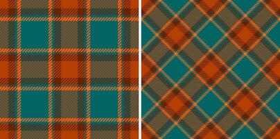 Two vibrant plaid patterns in autumnal teal and orange hues. Perfect for textile design, website backgrounds, or fallthemed projects. vector