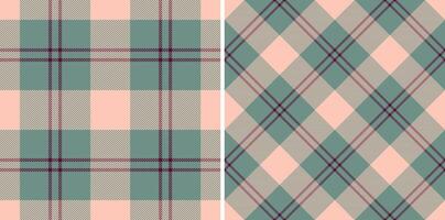 Elegant pastel plaid patterns. Two seamless designs in soft peach, teal rose, perfect for textiles, fashion, or web design. Versatile, stylish evokes a sense of warmth comfort. vector