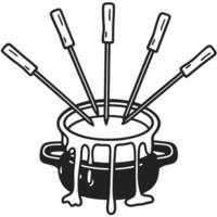 Cheese fondue pot with skewers melting cheese, fondue fork, swiss cuisine, black and white illustration vector