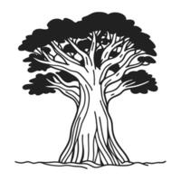 detailed black and white illustration of a large majestic tree with sprawling branches and lush foliage vector