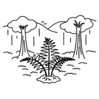 Prehistoric jungle with palm like plants and erupting volcanoes in a line drawing vector