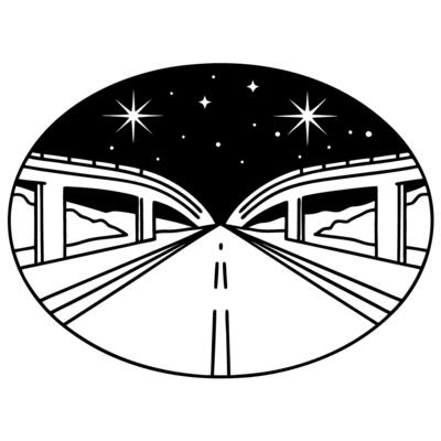 Highway under night sky stars sparkling above futuristic road bridges, monochrome illustration