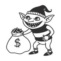 mischievous elf with money bag, black and white illustration, playful character design vector