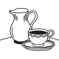 minimalist black and white illustration of tea cup and pitcher on a table vector