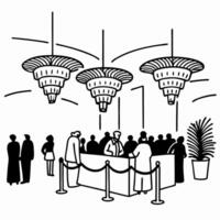 People gathering at reception desk line art illustration, social interaction, event setting, guests and hosts vector