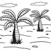 Black and white illustration of palm trees in desert landscape with clouds in sky vector