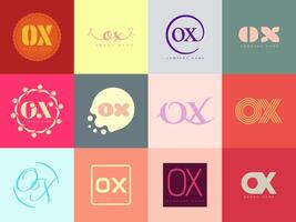 OX logo company template Letter o and x logotype. Set different classic serif lettering and modern bold text with design elements. Initial font typography. vector