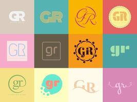 GR logo company template Letter g and r logotype. Set different classic serif lettering and modern bold text with design elements. Initial font typography. vector