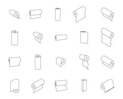 Collection of 20 line art icons depicting rolls of paper in various positions. vector