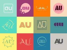 AU logo company template Letter a and u logotype. Set different classic serif lettering and modern bold text with design elements. Initial font typography. vector