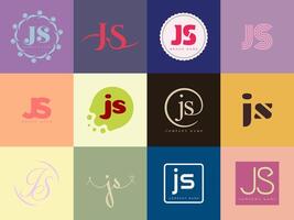 JS logo company template. Letter j and s logotype. Set different classic serif lettering and modern bold text with design elements. Initial font typography. vector