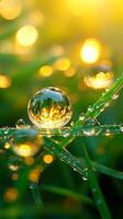 A close up of a dew drop on a grass blade photo