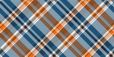 Vibrant diagonal plaid pattern in cool blues, warm oranges, and subtle browns. Perfect for textile design, fashion, or web backgrounds. vector