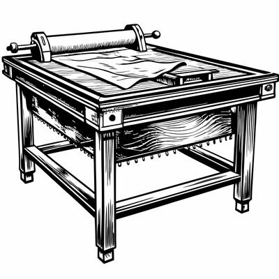 Vintage Printing Press Illustration Detailed Woodcut Design of an Antique Printmaking Machine