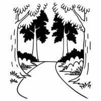 Scenic forest pathway illustration with tall trees and bushes in monochrome design vector