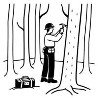 Forestry worker assessing tree health with tools in dense woodland area, environmental conservation vector
