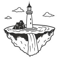 Floating island with lighthouse and waterfall, surrounded by clouds in minimalist vector