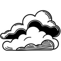 black and white cloud illustration, stylized artistic fluffy sky motif, weather design element vector