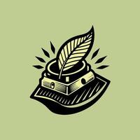Retro Ink Pot Design with Quill and Paper on Olive Green Background vector