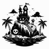 Spooky Island Castle with Skulls and Palm Trees vector