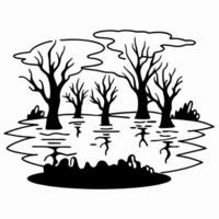 silhouette of leafless trees in a flooded landscape, reflecting waterlogged nature and barren wilderness vector