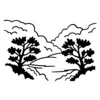 Minimalist landscape illustration with trees and clouds simplistic nature art, black and white design vector