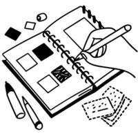 Creative sketchbook with artistic hand drawing, pens, geometric shapes, and paper cutouts vector
