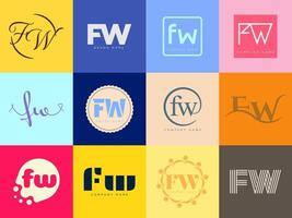 FW logo company template Letter f and w logotype. Set different classic serif lettering and modern bold text with design elements. Initial font typography. vector