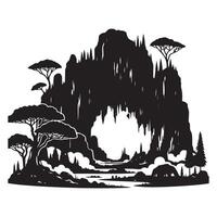 Enchanting cave landscape with trees a natural archway silhouette design vector