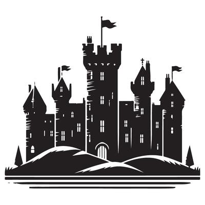 Majestic Castle Silhouette with Towers and Flags Fortified Structure Art