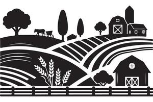 Rolling farm fields art featuring barns and wheat vector