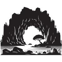 Mystical Cave Lake With Tree Silhouette Illustration Design vector