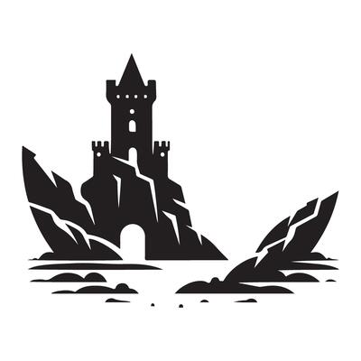 Medieval Castle on a Cliff Black Silhouette Illustration Artwork