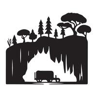Mountain Cave Silhouette Illustration with Trees and Cliffs Design vector