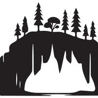 Detailed Mountain Cave Silhouette with Tree and Lake Design vector