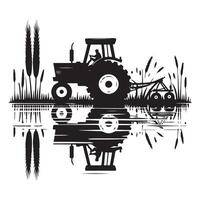 Silhouette Tractor Working Reflection in Water Farming Agriculture vector