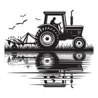 Monochrome Tractor Silhouette Plowing Field Reflecting in Water Illustration vector
