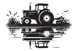 Tractor Silhouette on a Farm Landscape with Water Reflection vector