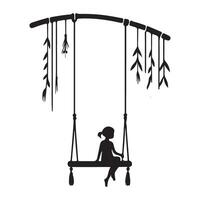 Girl on Swing Silhouette Hanging from Tree Branch Art vector