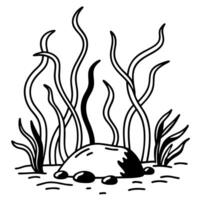 Abstract seaweed illustration, flowing ocean plants around a central rock in black and white vector