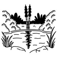Serene pond with water reflection, trees, and lush bushes in tranquil nature setting vector