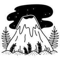 Volcano with smoke and stars simple line drawing of mountain, eruption concept vector