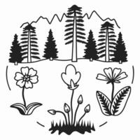 Black and white nature design with trees, mountains, and flowers vector