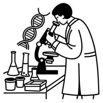 scientist examining microscope in laboratory with dna helix research, discovery, and innovation in science and biotechnology vector